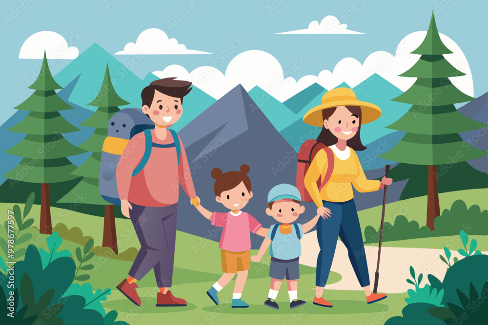 vector illustration of a family hiking in the hill and riverside vector illustration of a family hiking in the hill and riverside