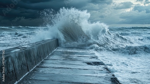 A dramatic seascape showcasing turbulent waves crashing against a rocky pier under a moody sky. photo