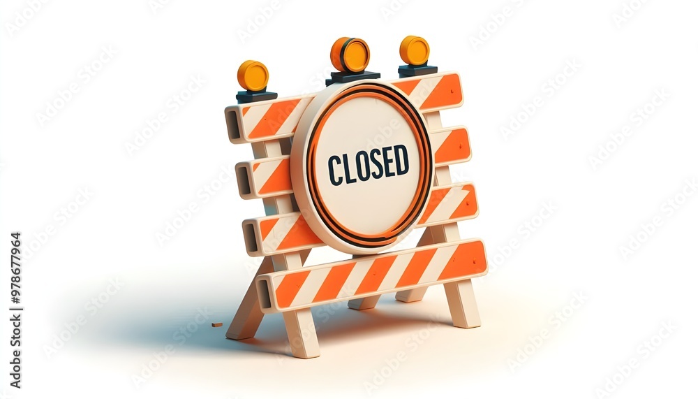 White and orange road closed barricade sign isolated on white background. Safety and restriction concept White and orange road closed barricade sign isolated on white background. Safety and restriction concept