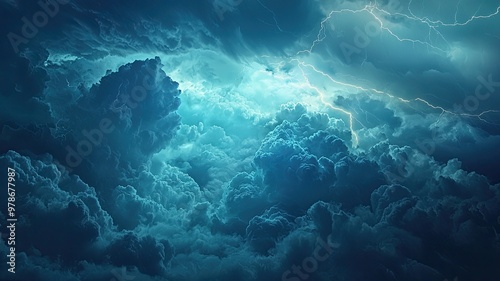 A dramatic view of stormy clouds illuminated by blue light, creating a mystical and turbulent atmosphere in the sky. photo