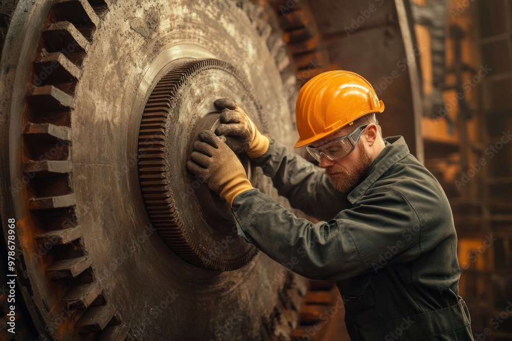 Engineer Examines Complex Machinery Under Cinematic Lighting, Highlighting Textures of Worn Metal and Rust Engineer Examines Complex Machinery Under Cinematic Lighting, Highlighting Textures of Worn Metal and Rust