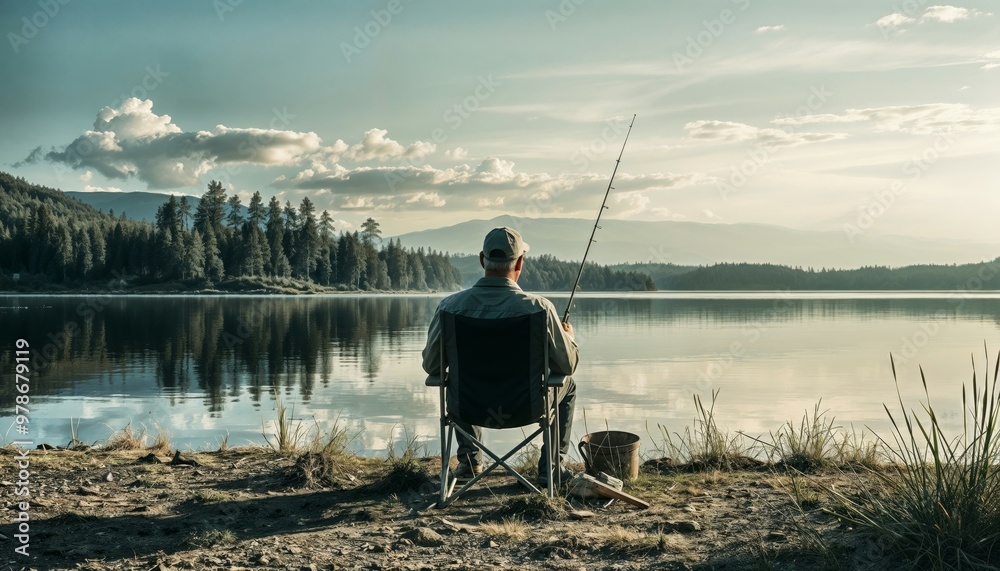 A man who is sitting in a wheelchair is enjoying fishing on a lake A man who is sitting in a wheelchair is enjoying fishing on a lake