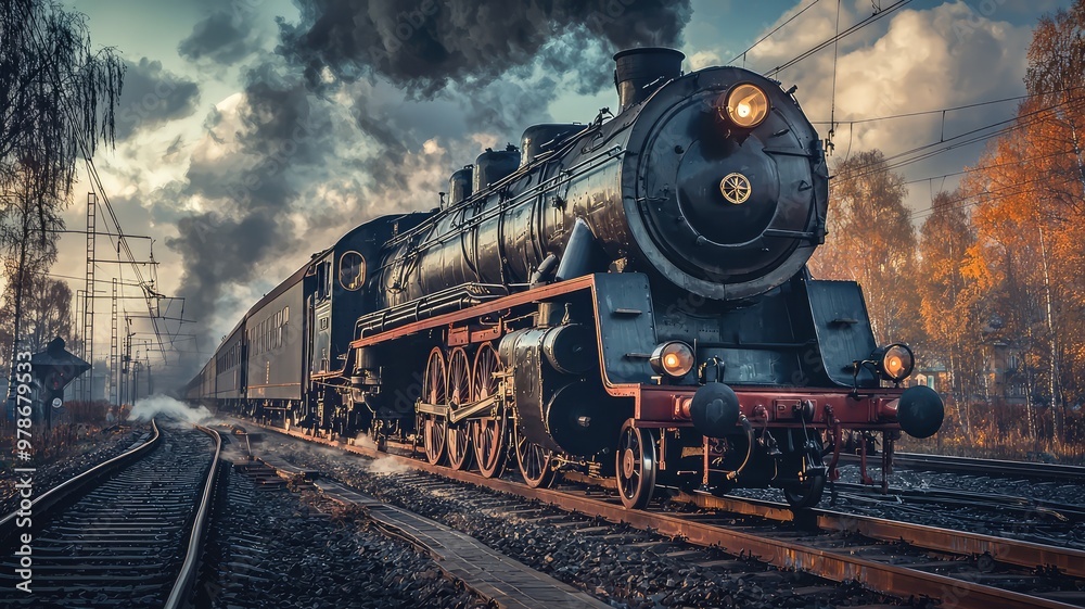 Naklejka premium A historic steam locomotive travels through a picturesque landscape, evoking nostalgia and the charm of vintage train journeys.