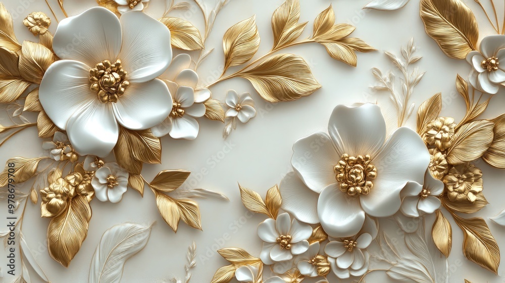 A 3D wallpaper featuring a white and gold floral background with ornate patterns for decoration A 3D wallpaper featuring a white and gold floral background with ornate patterns for decoration