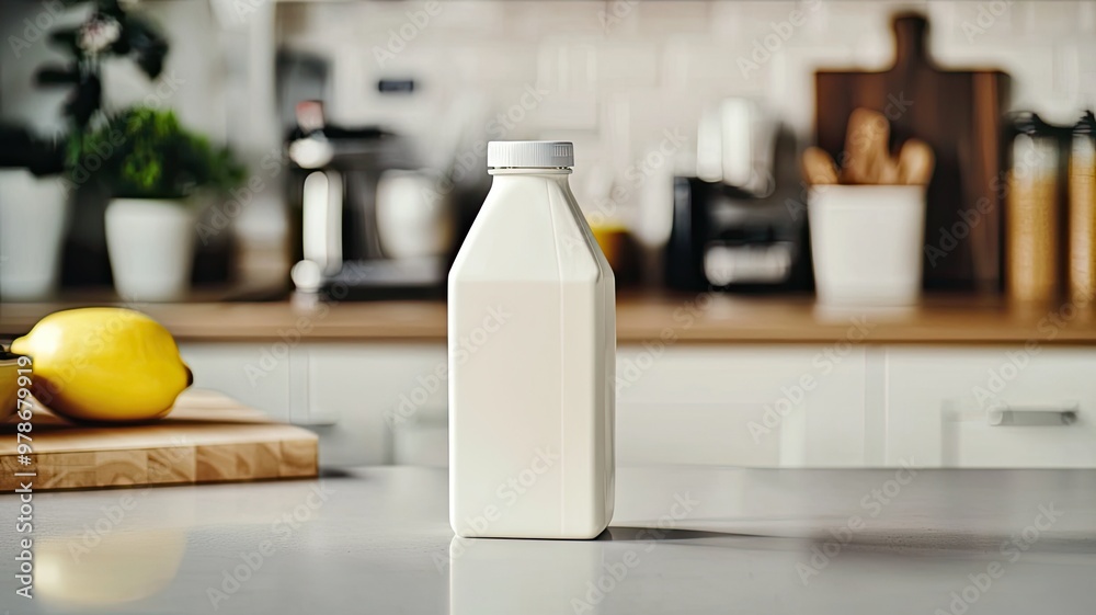 A minimalist kitchen scene featuring a fresh milk bottle on a countertop, with fruits and subtle decor in the background. A minimalist kitchen scene featuring a fresh milk bottle on a countertop, with fruits and subtle decor in the background.