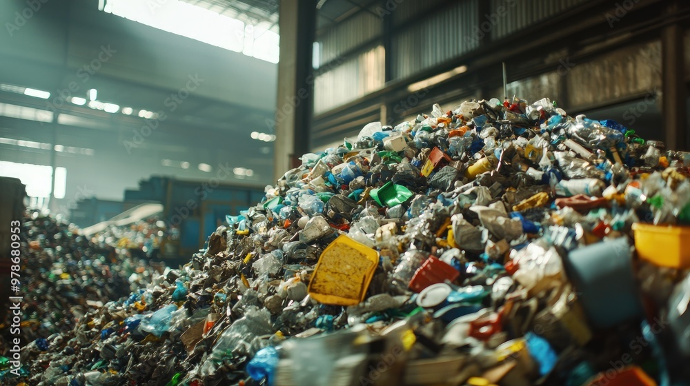 Obraz premium A large pile of recyclable materials, including metal and plastic, waiting to be processed in a recycling plant.