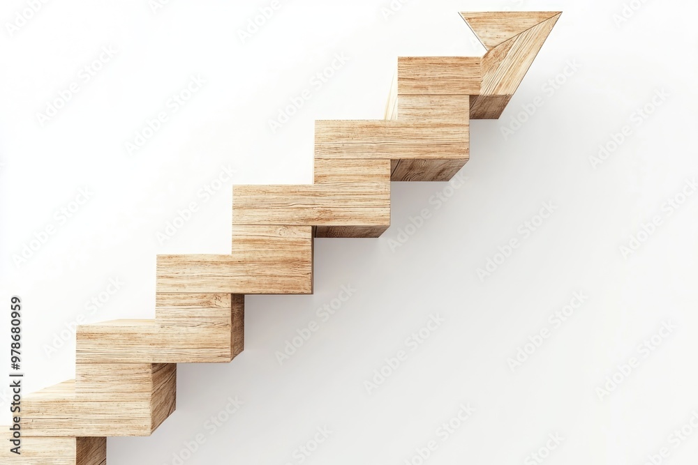 A wooden staircase with a sleek arrow-shaped line integrated into its design, set against a clean white background. The combination of natural wood and geometric shapes creates a modern aesthetic. A wooden staircase with a sleek arrow-shaped line integrated into its design, set against a clean white background. The combination of natural wood and geometric shapes creates a modern aesthetic.