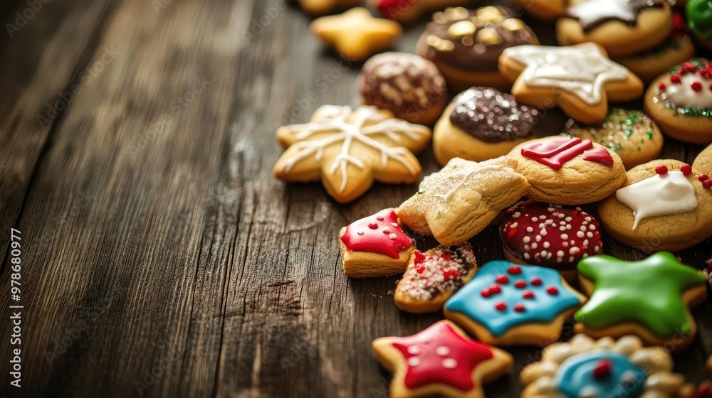 A delightful arrangement of colorful Christmas cookies on a rustic wooden table, perfect for festive celebrations and seasonal baking. A delightful arrangement of colorful Christmas cookies on a rustic wooden table, perfect for festive celebrations and seasonal baking.