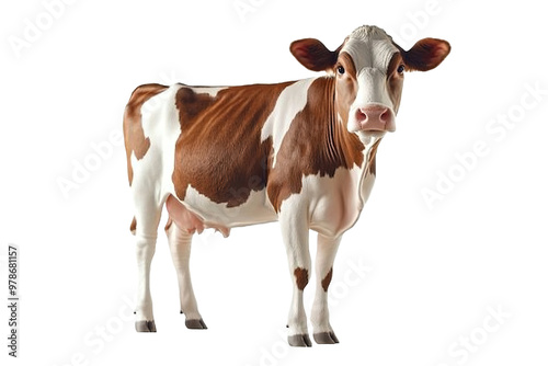 brown and white cow full-length standing in front of an isolated on a white background, isolated on a transparent background. cut out PNG format for graphic design,