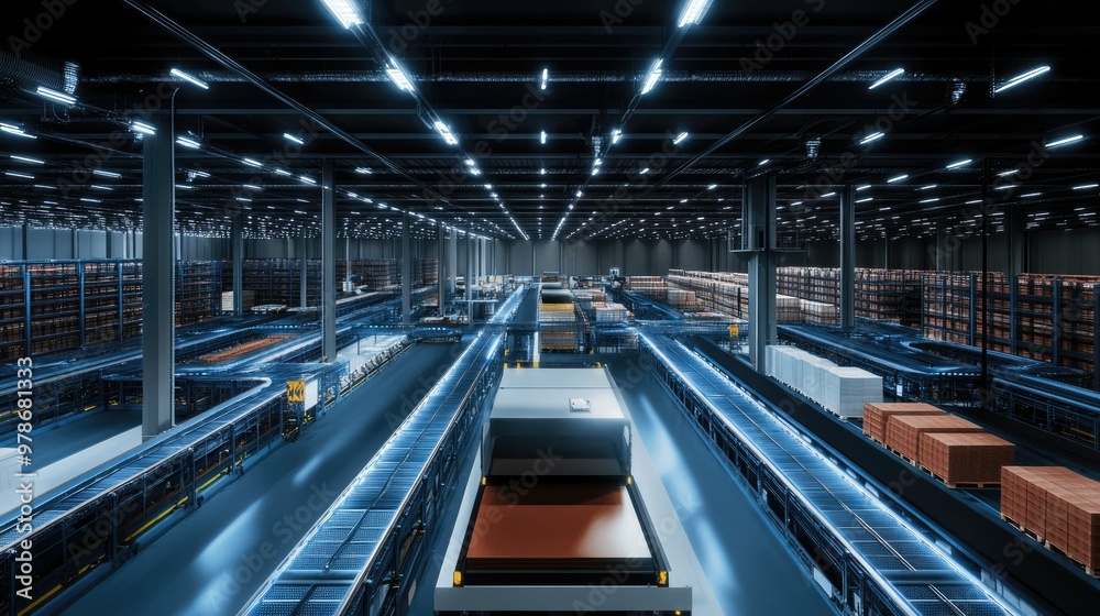 A logistics warehouse with automated sorting systems, ensuring efficient package management. A logistics warehouse with automated sorting systems, ensuring efficient package management.