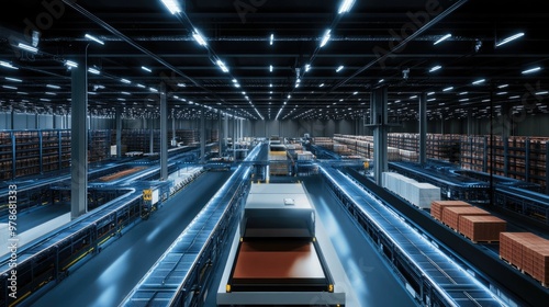 A logistics warehouse with automated sorting systems, ensuring efficient package management.
