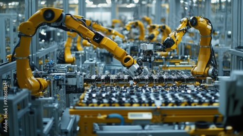 Close-up of automated systems in a factory, workers interacting with technology, innovation in industrial processes