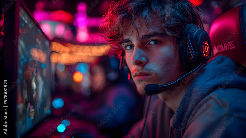 Gamer Focused on the Screen with Blue and Red Lighting Gamer Focused on the Screen with Blue and Red Lighting