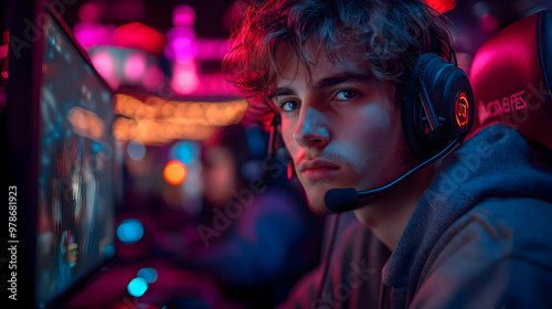 Gamer Focused on the Screen with Blue and Red Lighting 