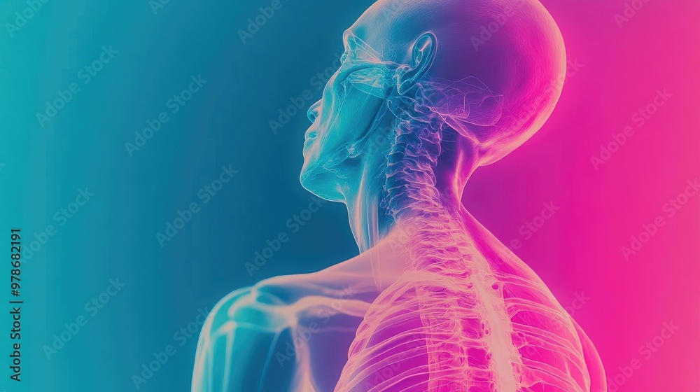 A striking illustration of a human skeleton with vibrant colors, highlighting anatomical features against a gradient background. A striking illustration of a human skeleton with vibrant colors, highlighting anatomical features against a gradient background.