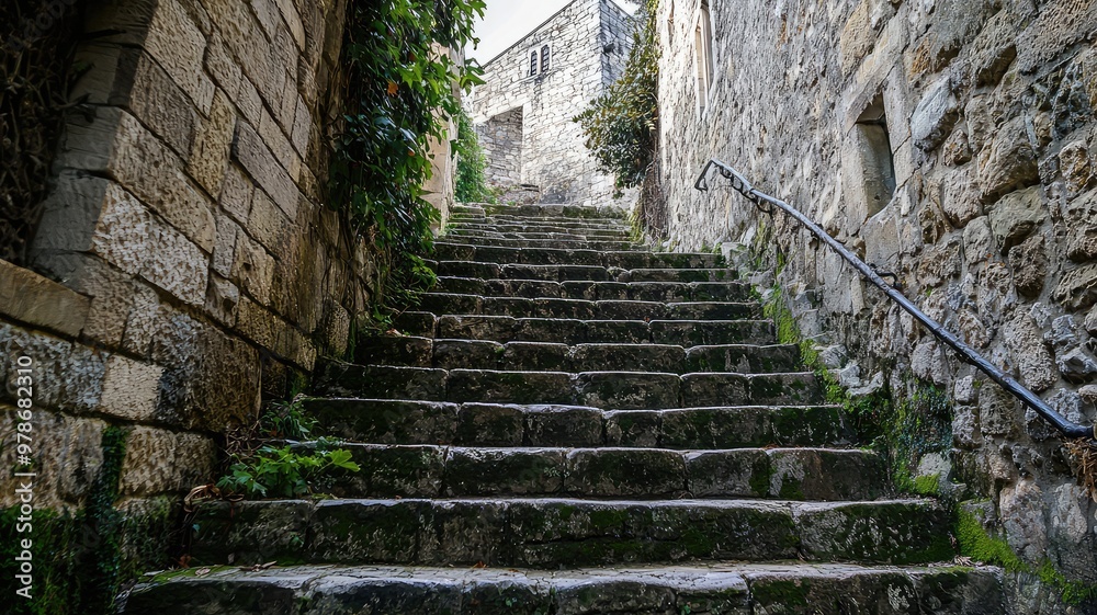 A scenic view of stone stairs leading up through historic architecture, surrounded by greenery and rustic walls. A scenic view of stone stairs leading up through historic architecture, surrounded by greenery and rustic walls.