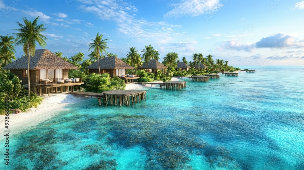 A luxury resort in the Maldives with overwater villas, palm trees, and a private beach. A luxury resort in the Maldives with overwater villas, palm trees, and a private beach.