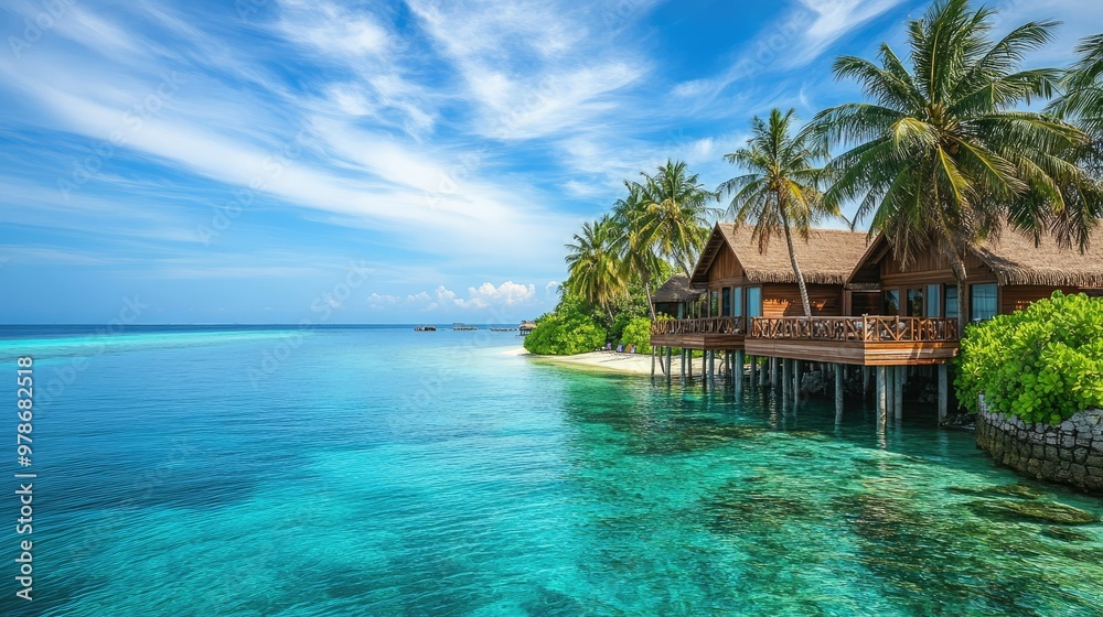 A luxury resort in the Maldives with overwater villas, palm trees, and a private beach.