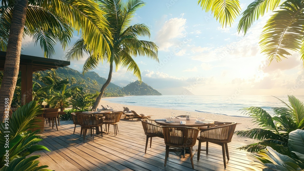 Fototapeta premium A serene beachfront scene with palm trees, dining tables overlooking the ocean, inviting relaxation and tranquility.