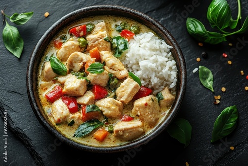 Thai green curry with vegetables and jasmine rice, placed on the right side of a dark stone table, professional overhead shot.