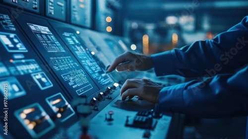 Close-up of technology industry workers managing digital control panels and automated systems, modern industrial setting