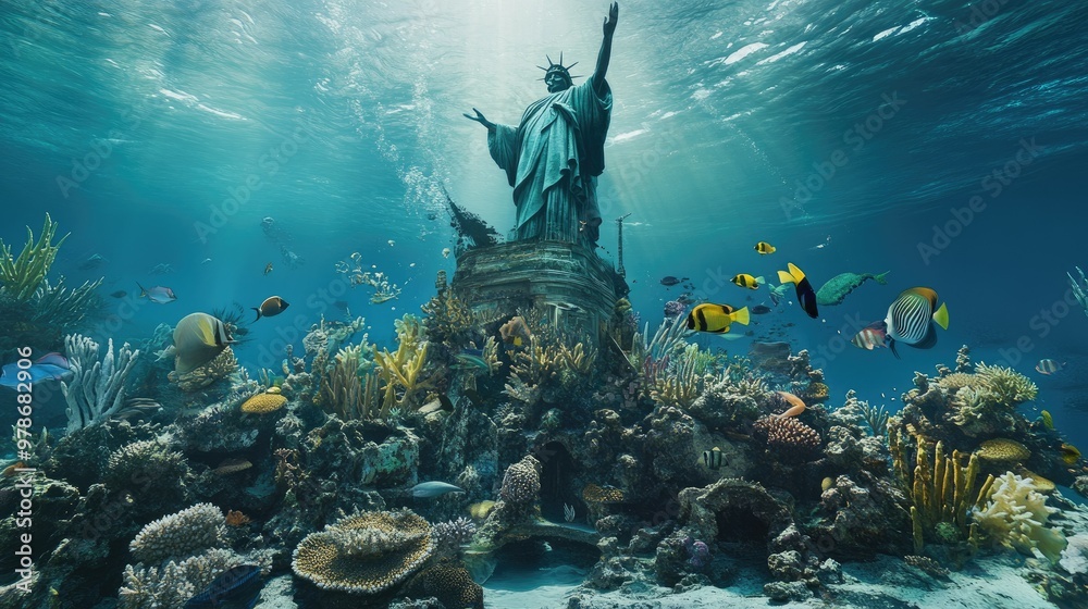 Fototapeta premium A majestic underwater view of the Bahamian statue, with a diverse array of marine species swimming around its massive base.