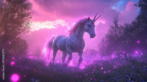 A majestic unicorn surrounded by glowing fairy dust in a vibrant magical landscape.