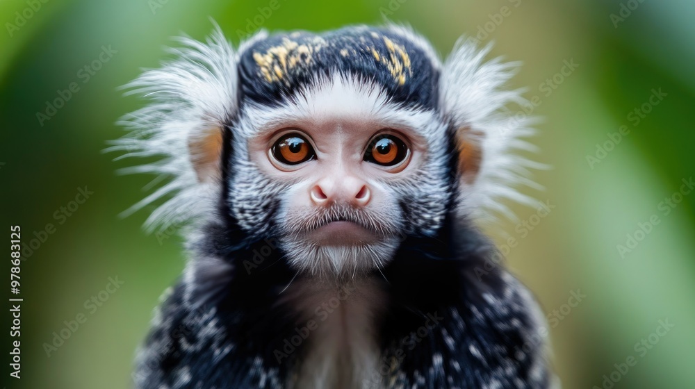 Fototapeta premium A marmoset looking directly at the camera with its distinctive white facial fur and expressive eyes.
