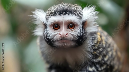 A marmoset looking directly at the camera with its distinctive white facial fur and expressive eyes.