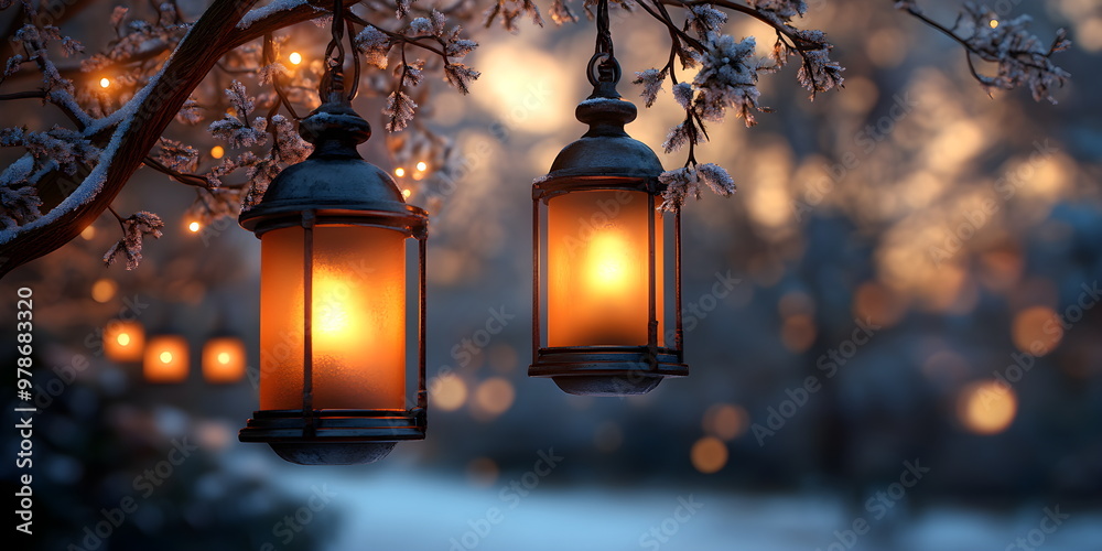 String of Lanterns. Illuminated Lanterns on a Twinkling Evening. midautum festival String of Lanterns. Illuminated Lanterns on a Twinkling Evening. midautum festival
