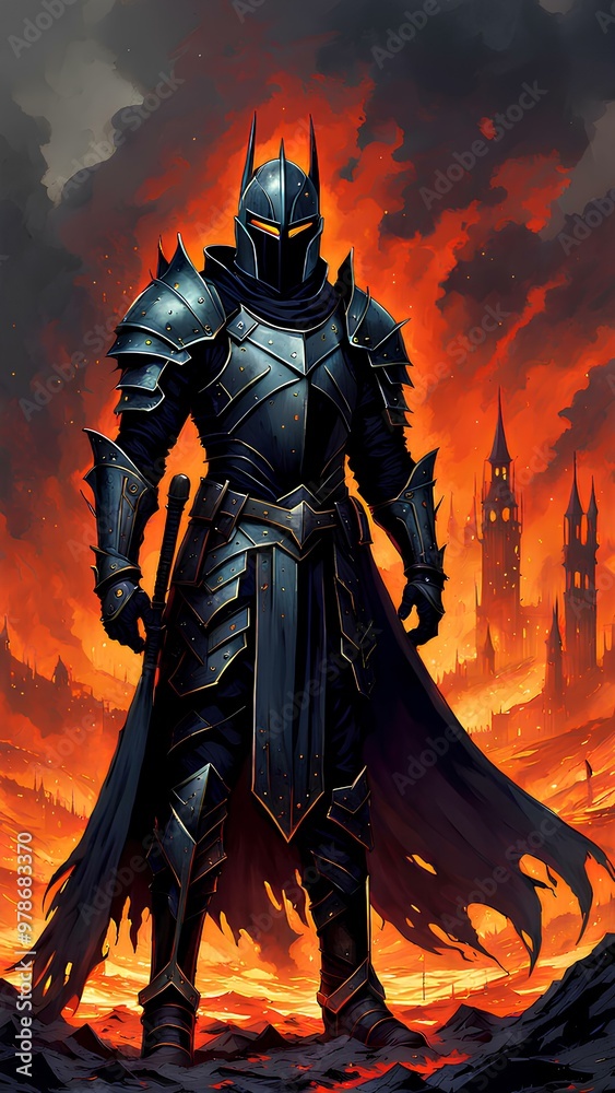 Knight in Black Plate Armor Against Fiery Castle Background Knight in Black Plate Armor Against Fiery Castle Background