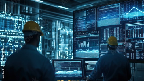 Engineers working on a high-tech power transmission station, data analytics on digital screens,