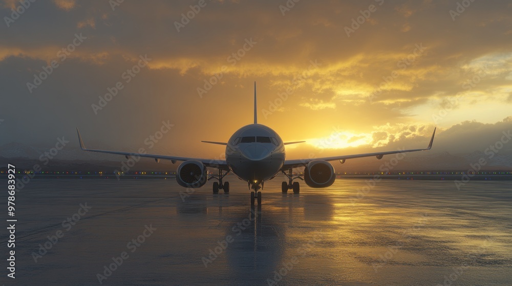 A plane facing the viewer at sunset, reflecting on a wet runway, creating a serene atmosphere. A plane facing the viewer at sunset, reflecting on a wet runway, creating a serene atmosphere.