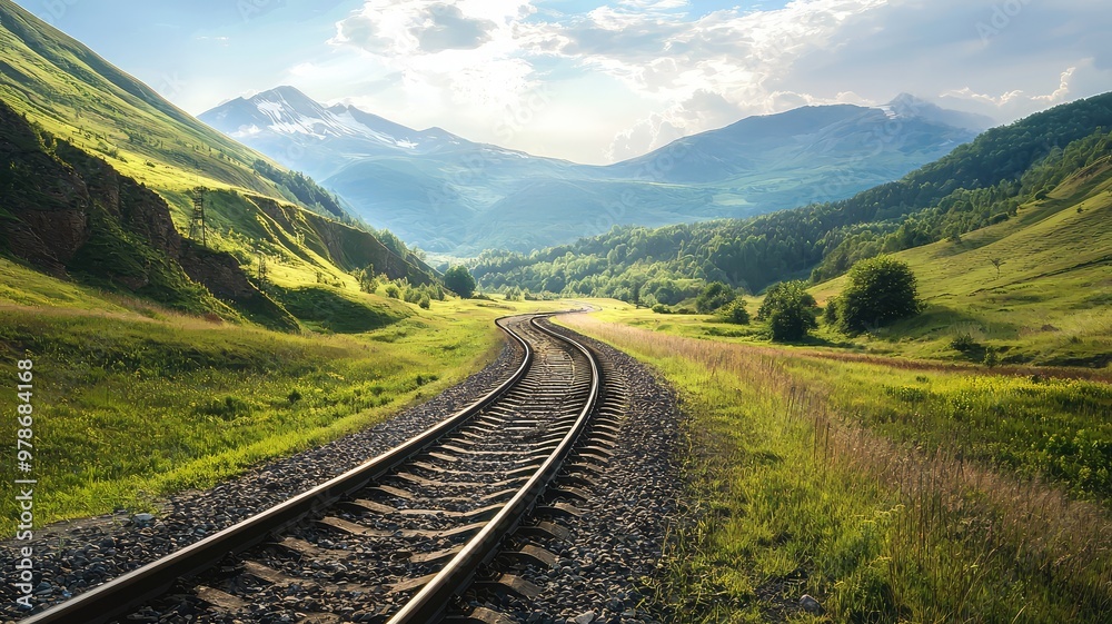 A serene landscape featuring winding railway tracks amidst lush green hills and majestic mountains under a bright sky. A serene landscape featuring winding railway tracks amidst lush green hills and majestic mountains under a bright sky.