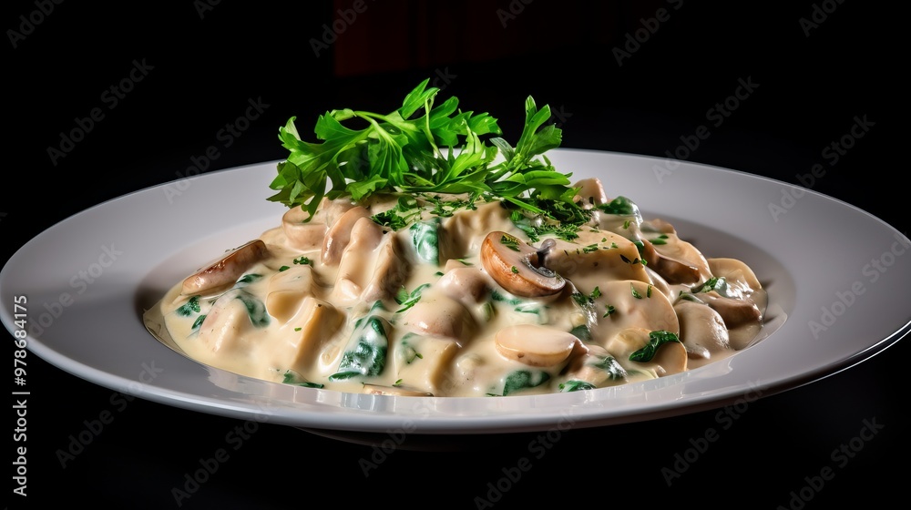 Creamy mushroom pasta served with spinach and garnished with fresh herbs in a dark setting Creamy mushroom pasta served with spinach and garnished with fresh herbs in a dark setting
