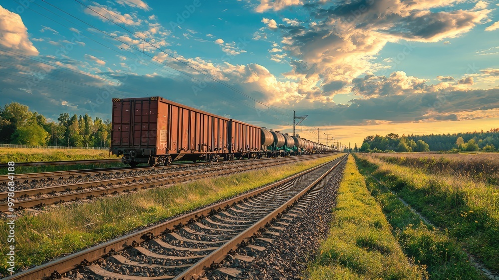 Fototapeta premium A serene landscape showcasing a freight train along the railway, set against a beautiful sky with scattered clouds.