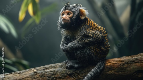 A marmoset sitting on a log, with its tail wrapped around its body, observing its surroundings. photo