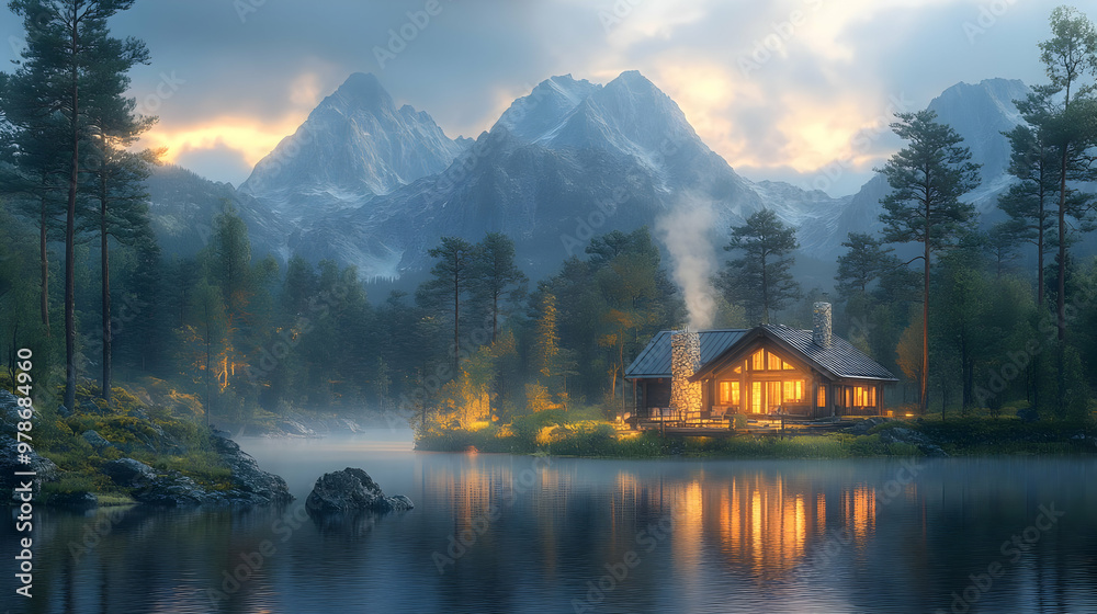 Obraz premium Cabin by the Lake with Mountain View