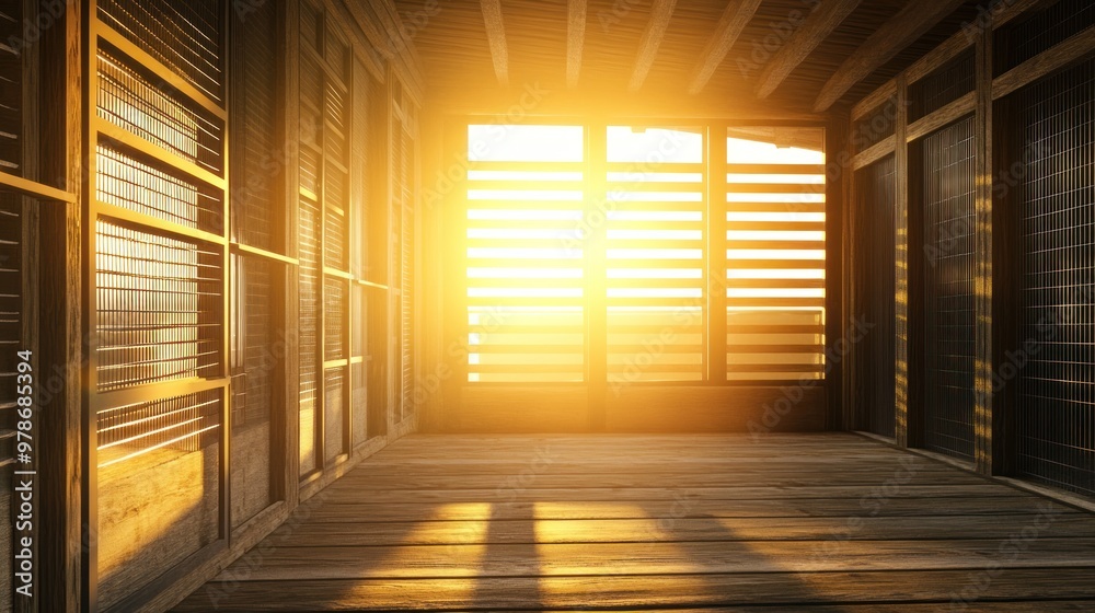 A sunlit interior with wooden beams and slatted windows, creating a warm atmosphere. A sunlit interior with wooden beams and slatted windows, creating a warm atmosphere.