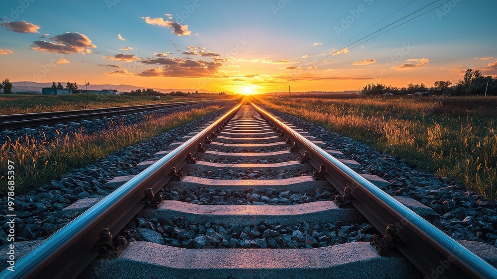 Fototapeta premium A serene sunset view along the railway tracks, showcasing vibrant colors and a tranquil atmosphere in nature.