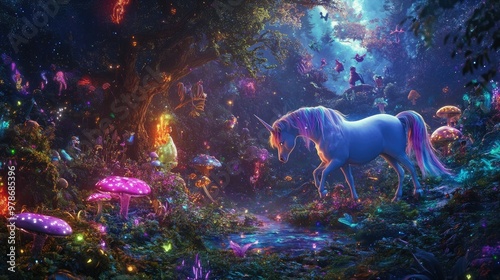 A mystical fairyland with colorful unicorns prancing among glowing mushrooms and magical creatures. photo