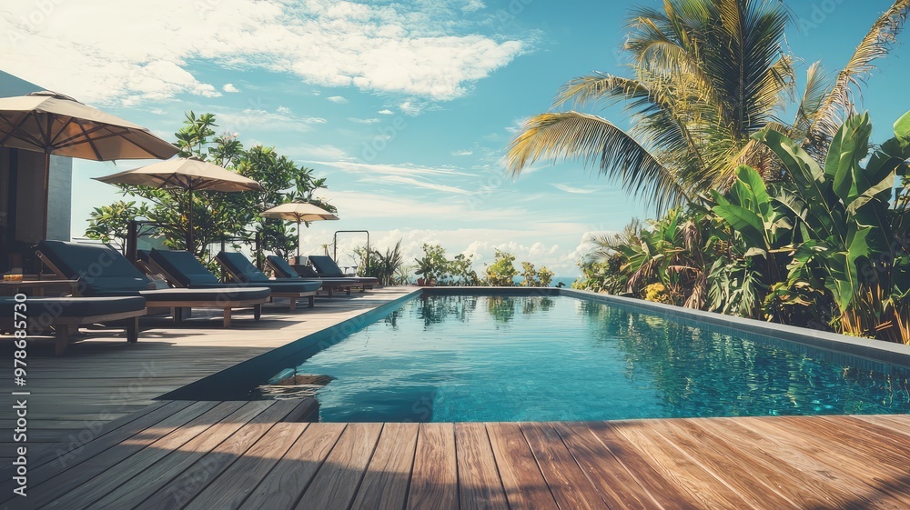 Fototapeta premium A serene swimming pool surrounded by palm trees and lounge chairs, perfect for relaxation under a clear blue sky.