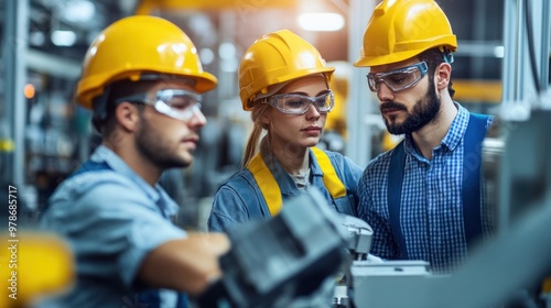 Industrial workers in a factory setting, operating heavy machinery and technology, focus on teamwork and precision