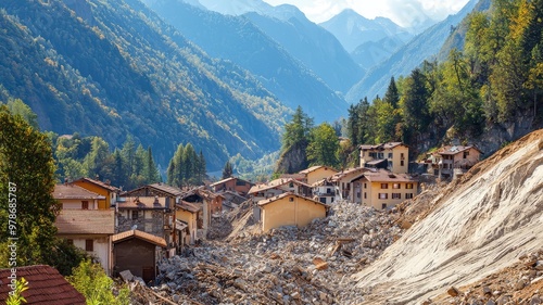 A serene valley landscape with scattered houses amidst rocky terrain and towering mountains in the background.