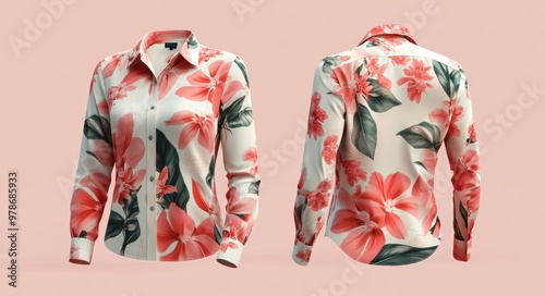 A stylish women's long t-shirt featuring a vibrant tropical floral pattern, perfect for casual wear. The design showcases bold colors and tropical vibes, ideal for summer fashion displays. photo