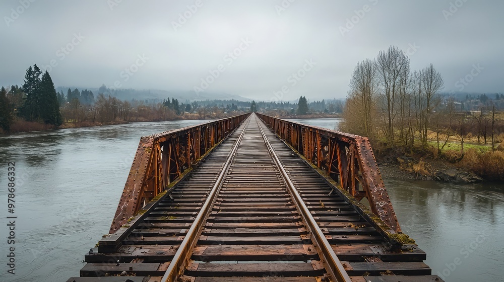 Naklejka premium A serene view of an old wooden bridge stretching over a calm river, surrounded by nature and a cloudy sky.