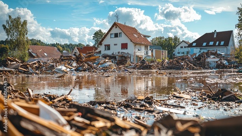 A serene yet haunting view of a flooded landscape, showcasing the aftermath of natural disaster on homes and surrounding areas. photo