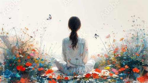 A girl wearing pajamas in a lush meadow filled, watercolor style. AI generate illustration