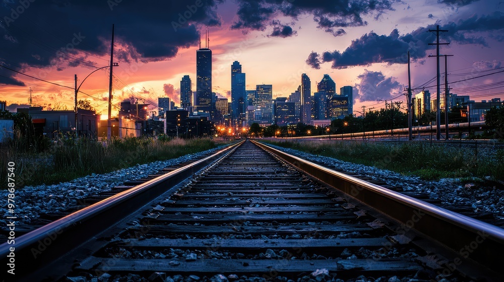 A stunning sunset view of a city skyline with railway tracks in the foreground, creating a dramatic urban scene. A stunning sunset view of a city skyline with railway tracks in the foreground, creating a dramatic urban scene.