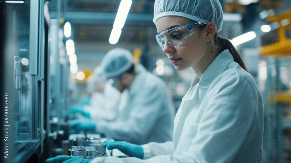 Manufacturing workers in a modern factory, working on production lines and advanced machines, focus on efficiency and technology Manufacturing workers in a modern factory, working on production lines and advanced machines, focus on efficiency and technology